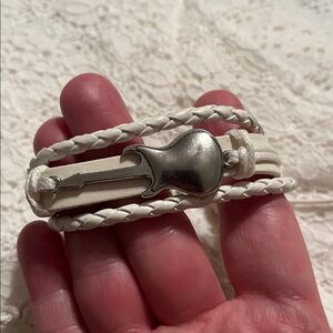 White Braided Bracelet with Silver Guitar Accent